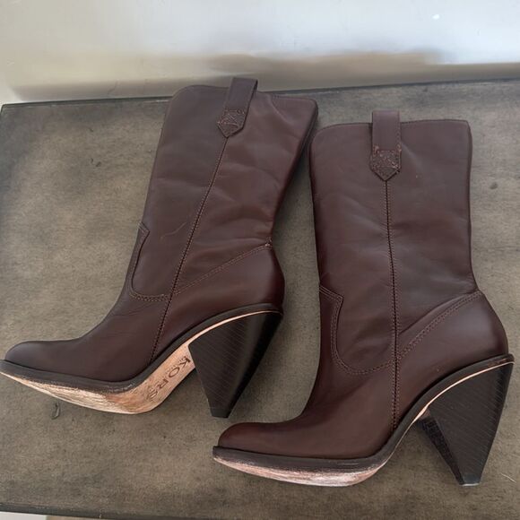 KORS Michael Kors Dark Brown Leather Mid Calf Heeled Boots Pull On Women’s Sz 6M - Picture 4 of 16